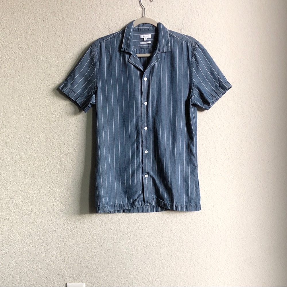 Reiss Mens Short Sleeve Button Front Shirt Slim Fit Cuban Collar Lyocell Blue